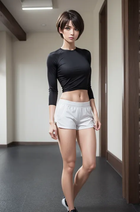 Create a short-haired fitness brunette, standing backwards, In the highest quality 