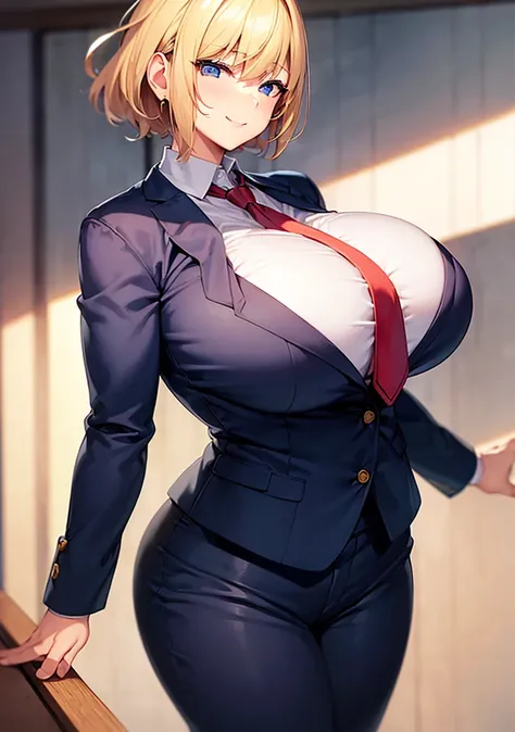 ((Huge breasts))、Blonde、Very short hair、blue eyes、Narrow waist、student、Navy blue blazer、slacks、necktie、Tall、Red cheeks、Perm、A confident smile、A beautiful woman in men&#39;s clothing