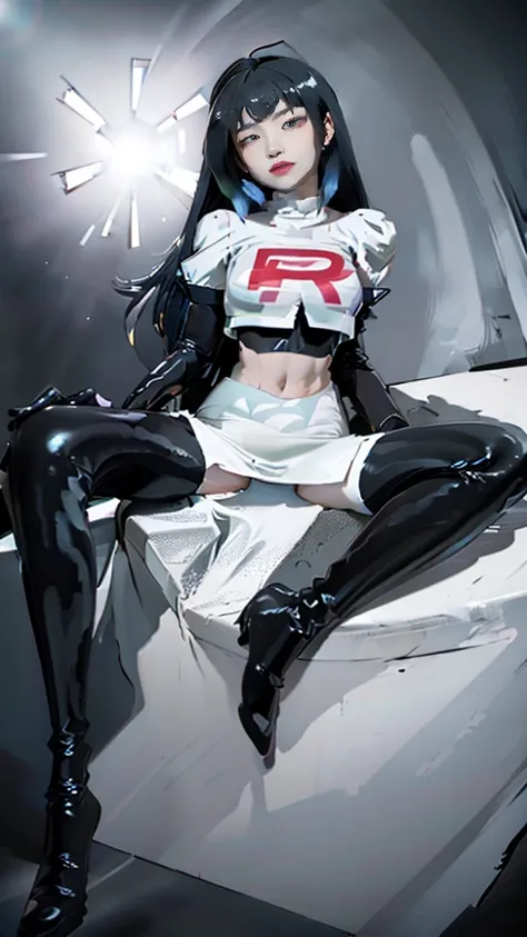 (masterpiece,best quality,In 8K,very detailed,high resolution,realistic,totally:1.2), , high detail, good lighting, , ((The background is a white space)), lewd, hentai, (((Black latex miniskirt))), (((Black latex thigh-high boots))),  (bare thighs), (black...