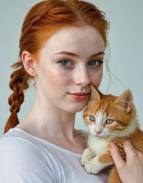 Photography full body of a very beautiful realistic girl, with a cat in her arms, porcelain skin, very light skin, very pale skin, redhead, wavy, pony tail, Detail of skin structure, hazel eyes, Slit eyes, small-nose, small nostril, think of arched eyebrow...