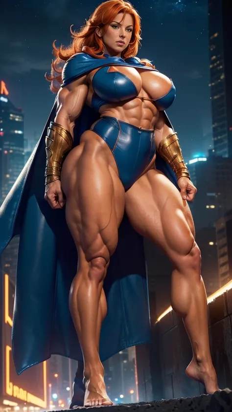 (Busty muscular brute cute Lorah, huge strong biceps volume, huge firm breasts volume, enormous tits volume, strong tonned exposed abs, muscular strong legs, bodybuilder muscles bursting in strength, exposed abs skin, tight superheroine leather blue underw...