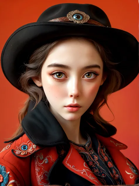 (Best quality, masterpiece:1.4), (realism:1.2), (realism:1.2), (Absurdity:1.2), (Photo Realism:1.3), Realistic skin, solo, (Very big eyes, Beautiful and delicate eyes, Symmetrical eyes), (Cowboy lens), 1 Girl, solo, Red background, whole body, Standing, Bl...