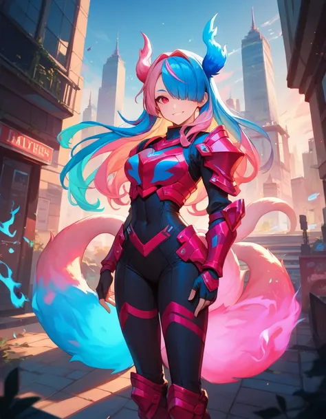 best quality, 4K, masterpiece, Extremely detailed, High Detail, 1 Girl, Solitary, Perry, Blue Hair, Hair covering one eye, Colorful hair, Double tail, Pink Hair, Red Eyes, Two-tone hair, armor, Smile, Burning city background