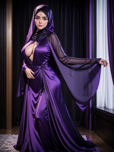 RAW-фото 24-летней девушки в никаб Satin abaya sexy purple, Satin, portrait of a person wearing hijab,, 8k contract, SLR camera, soft lighting, high quality, Granularity, Fujifilm XT3, covered dress, patterned dress, Giant breasts:1.5 
