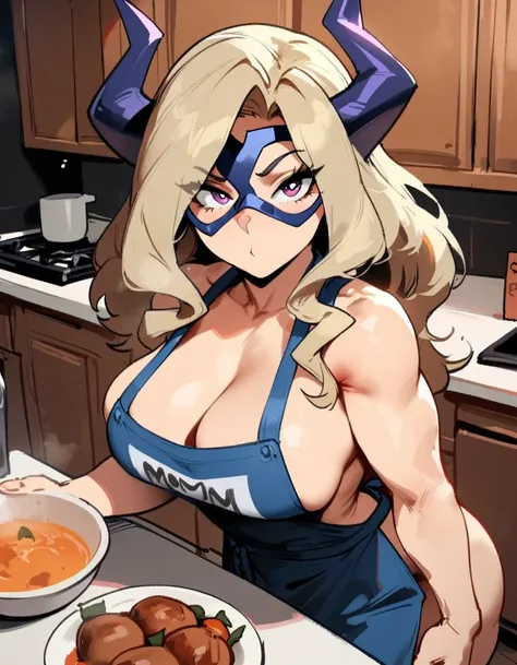 1girl, mount lady, boku no hero academia  masterpiece, best quality, very aesthetic, absurdres, newest  sportive body,    by dodok, nyantcha, cutesexyrobutts, by khyle ///// blonde, purple eyes,   , 24 years old,kitchen, wearing only apron, big tits, naked...