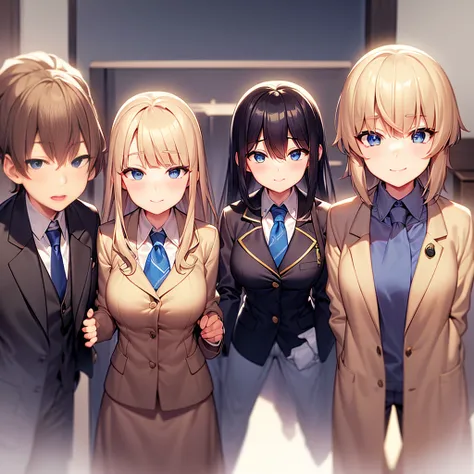 huge breasts、blonde、very short hair、blue eyes、narrow waist、student、navy blue blazer、slacks、necktie、tall、red cheeks、perm、a confid...