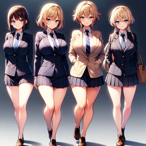 huge breasts、blonde、very short hair、blue eyes、narrow waist、student、navy blue blazer、slacks、necktie、tall、red cheeks、perm、a confid...