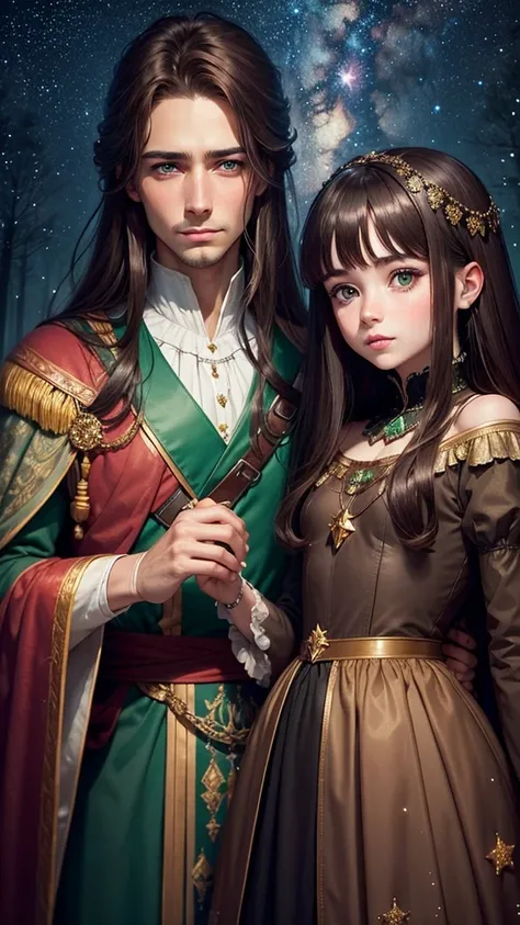 colorful forest, Sky with Stars,Glitter, a man and a Woman,faces, woman brown hair, man black Hair both green eyes, sad, man short Hair, royal clothes, woman long hair