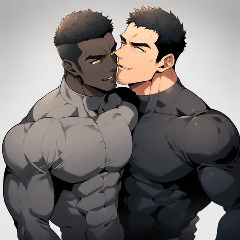 anime characters：Two superheroes in tights, Muscle superhero, negro black skin, They hugged and kissed each other, Bite your neck, Caress, Manliness, male focus, Yellow and black high collar long sleeve tight T-shirt, Slightly transparent material, Very ti...