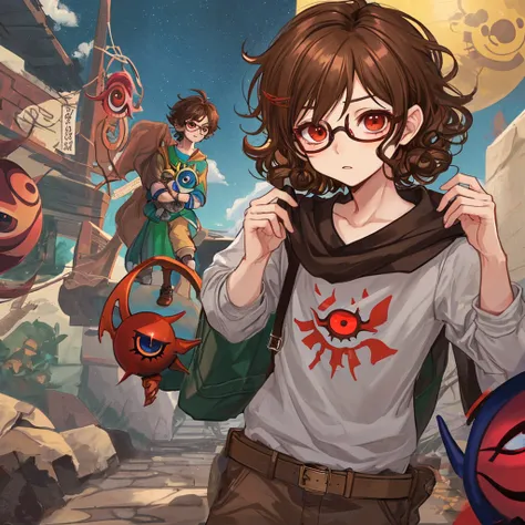 creates an image of a boy with brown hair just like his eyes, curly hair and glasses carrying Majora&#39;s mask in his hand with a wolf behind him like a spirit abused by his human parents