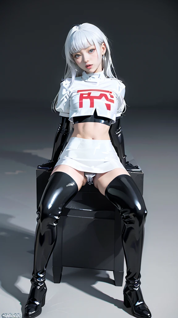 (masterpiece,best quality,In 8K,very detailed,high resolution,realistic,totally:1.2), , high detail, good lighting, , ((The background is a white space)), lewd, hentai, (((Black latex miniskirt))), (((Black latex thigh-high boots))),  (bare thighs), (black...