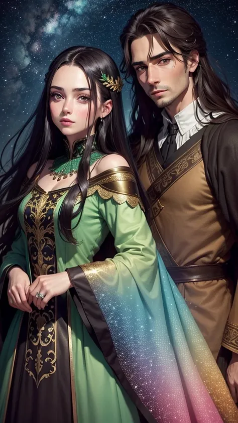 colorful forest, Sky with Stars,Glitter, a man and a Woman,faces, both have green eyes, man had short black Hair, royal clothes, woman has long brown hair