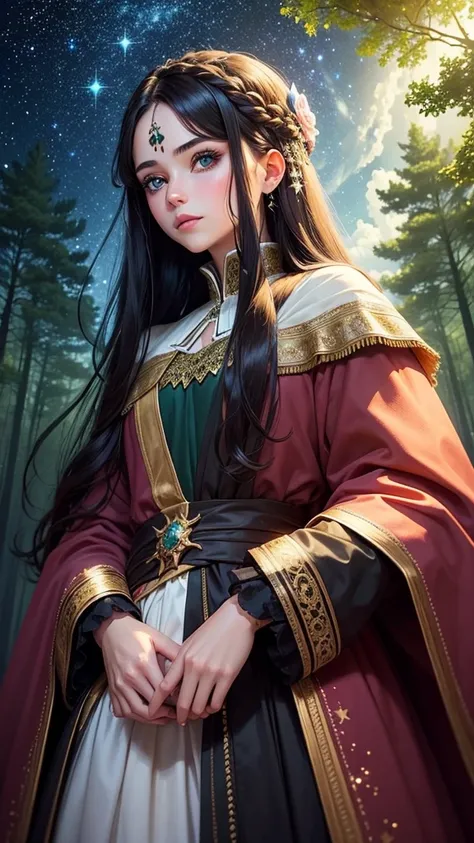 colorful forest, Sky with Stars,Glitter, a man and a Woman,faces, both have green eyes, man had short black Hair, royal clothes, woman has long brown hair