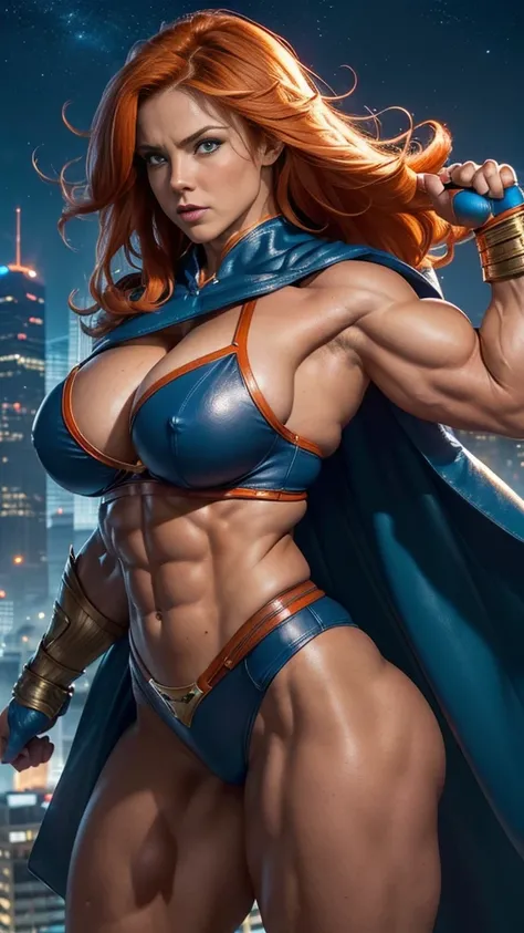 (Busty muscular brute cute Lorah, huge strong biceps volume, huge firm breasts volume, enormous tits volume, strong tonned exposed abs, muscular strong legs, bodybuilder muscles bursting in strength, exposed abs skin, tight superheroine leather blue underw...