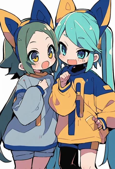 2 people、Hatsune Miku、Kagamine Rin、Miku is light blue tone、Phosphorus is yellow toned、Oversized jersey and shorts、cute、Are standing、pale、White background、