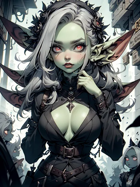 high-quality, ultra-detailed, white hair, long disheveled hair, colored skin, ((gray skin)) red eyes, glowing eyes, breasts, underground scene, large breasts, elf ears, pointed ears, blue aura, monster girl, monster girl, goth girl, goth makeup, pawg, tomb...