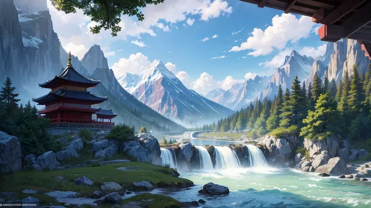 The painting depicts a traditional East Asian landscape with soaring rocky mountains studded with trees, The waterfall falls into the river flowing over the curved bridge, and many fall-colored trees at the foot of the mountain. In the sky there were two w...