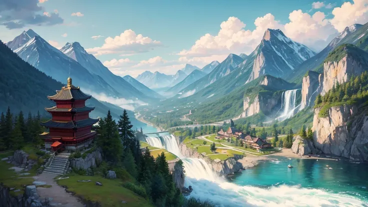 The painting depicts a traditional East Asian landscape with soaring rocky mountains studded with trees, The waterfall falls into the river flowing over the curved bridge, and many fall-colored trees at the foot of the mountain. In the sky there were two w...