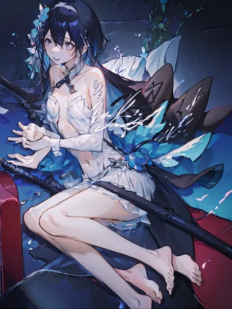 (Extremely refined:1.5),1 girl, sitting in water， Foot washing，Pantyhose，No shoes，trumpet，Female Kirito，long hair、Black Silk
