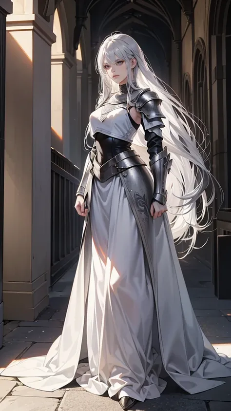 Young woman, Perfect woman body, epic character, (beautiful, Tall, elegant,long silver hair, silver eyes, Frown, silver light armor,stand in medieval town),dramatic shadow, Ray Tracing,(masterpiece, high resolution, perfect black eyes, fullshot angle, ultr...