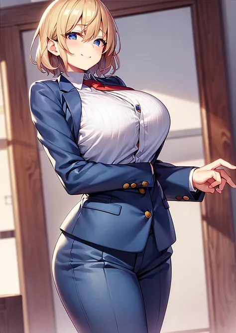 solo、Huge breasts、Blonde、Very short hair、blue eyes、Narrow waist、student、Navy blue blazer、slacks、necktie、Tall、Red cheeks、Perm、A confident smile、Standing with hands on hips