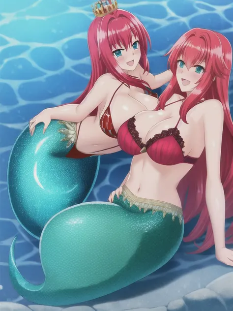 Mermaid, mermaid tail below waistline, underwaters, pearl crown, red hair, long hair, blue eyes, bra, large breasts, cleavage, happy, blush, full body,