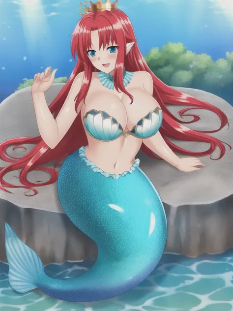 Mermaid, mermaid tail below waistline, underwaters, pearl crown, red hair, long hair, blue eyes, bra, large breasts, cleavage, happy, blush, full body,