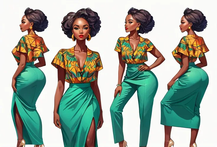 A woman standing, poses, different views point, different angle view, office wear, African (masterpiece best quality:1.2) delicate illustration ultra-detailed,  (no background)  illustrations, bright, colourful, 