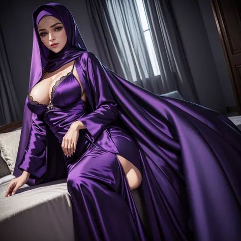 RAW-фото 24-летней девушки в никаб Satin abaya sexy purple, Satin, portrait of a person wearing hijab,, 8k contract, SLR camera, soft lighting, high quality, Granularity, Fujifilm XT3, covered dress, patterned dress, Giant breasts:1.5 
