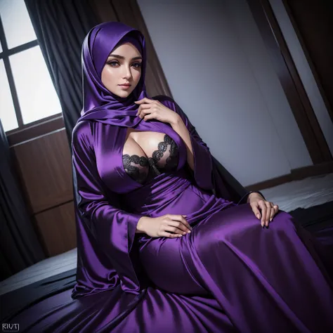 RAW-фото 24-летней девушки в никаб Satin abaya sexy purple, Satin, portrait of a person wearing hijab,, 8k contract, SLR camera, soft lighting, high quality, Granularity, Fujifilm XT3, covered dress, patterned dress, Giant breasts:1.5 
