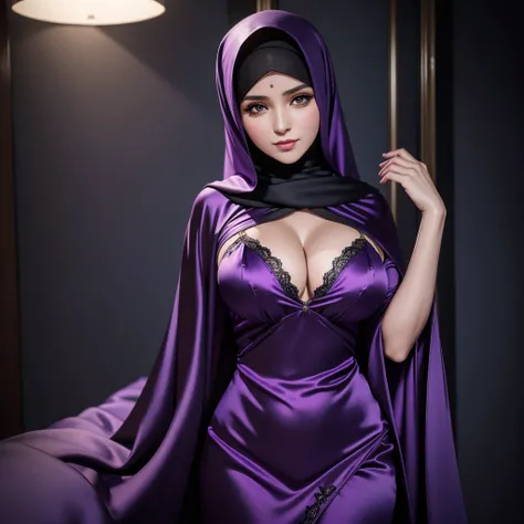 RAW-фото 24-летней девушки в никаб Satin abaya sexy purple, Satin, portrait of a person wearing hijab,, 8k contract, SLR camera, soft lighting, high quality, Granularity, Fujifilm XT3, covered dress, patterned dress, Giant breasts:1.5 
