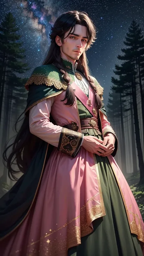 colorful forest, Sky with Stars,Glitter, a man ,face, man has short black Hair and green eyes, royal clothes, in the backround is a woman with a pink dress and brown long hair