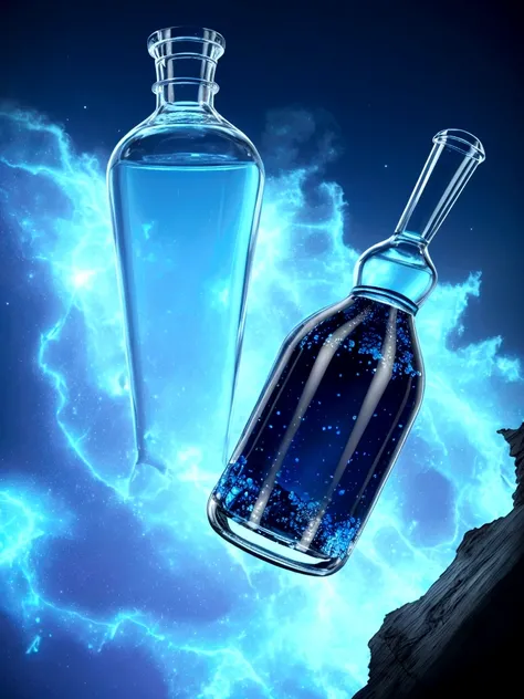 Glass bottle with translucent blue nebula Sea and majestic pirate ship, ether, Cinematic, Backlight, Spooky trends at the art station, Super detailed, Matte Paint, photograph, Arnold Renderer Import for Testing. Return. creative、And Upbeta.