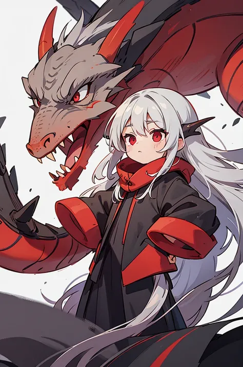 gray hair, red eyes, long hair,  , Ancient dragon-like dragon