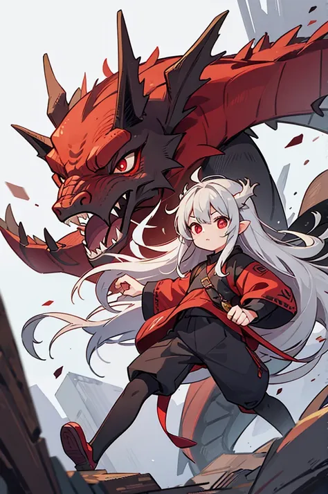 gray hair, red eyes, long hair,  , Ancient dragon-like dragon