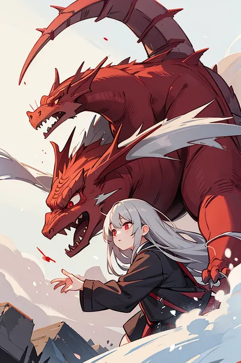 gray hair, red eyes, long hair,  , Ancient dragon-like dragon