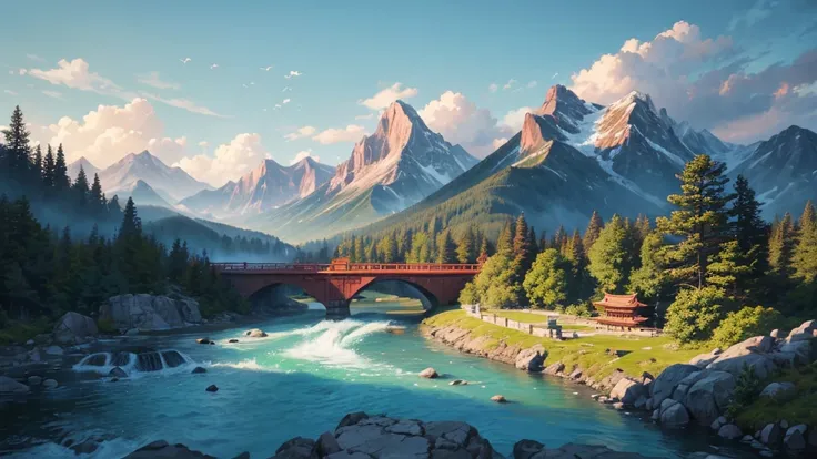 The painting depicts a traditional East Asian landscape with soaring rocky mountains studded with trees, The waterfall falls into the river flowing over the curved bridge, and many fall-colored trees at the foot of the mountain. In the sky there were two w...