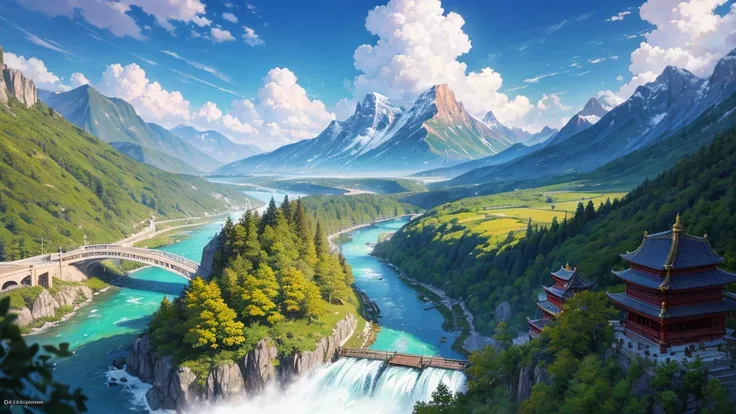 The painting depicts a traditional East Asian landscape with soaring rocky mountains studded with trees, The waterfall falls into the river flowing over the curved bridge, and many fall-colored trees at the foot of the mountain. In the sky there were two w...