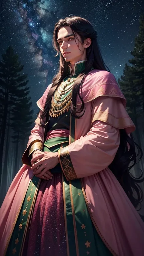 colorful forest, Sky with Stars,Glitter, a man ,face, man has short black Hair and green eyes, royal clothes, in the backround is a woman with a pink dress and brown long hair