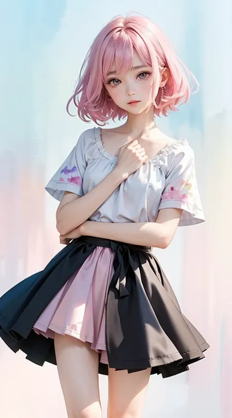 (((Blurred background、Watercolor style background)))、A girl、１６talent、anatomy、Light pink eyes、#11: Loose Low Ponytail、Light pink hair、Small Breasts、Black open collar dress、Transparent lace dress、translucent、Random pose、best quality、high resolution、high reso...