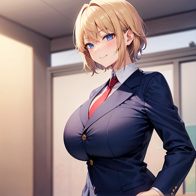 solo、((Huge breasts))、Blonde、Very short hair、blue eyes、Narrow waist、student、Navy blue blazer、slacks、necktie、Tall、Red cheeks、Perm、A confident smile、Standing with hands on hips