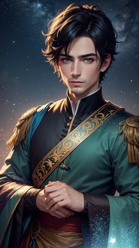 colorful forest, Sky with Stars,Glitter, a man ,face, man has short black Hair and green eyes, royal clothes