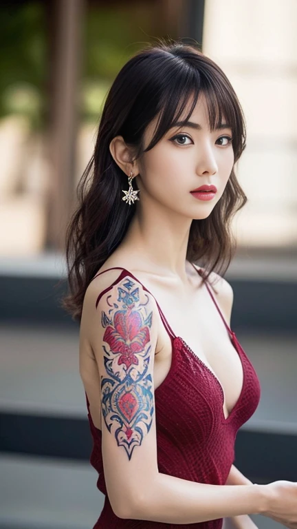 Anime-style woman, thin, thin, whole body, Full of tattoos, Lots of earrings, Beautiful and shiny hair, Rainbow Eyes, Slanted Eyes, Wavy Hair, Kind and charming, shoulderを露出させる, Delicate and sexy collarbone, Attractive oval face, double eyelid, Pink Lips, ...