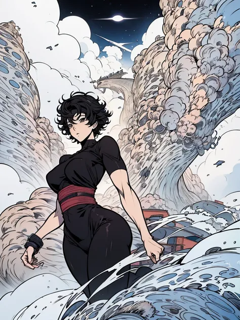 a woman with short curly hair, she is being consumed by a black cloud, manga page, allgreat style, takeshi obata style