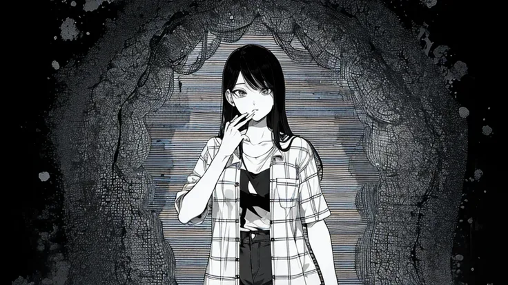 Cartoon of a woman with long, side-parted hair in a plaid shirt and sexy short jeans mini-pants standing in front of a black background, Its Junjis style, Black and white manga panel, This is a delicate Junji, Inspired by Junji Ito, Black and white manga s...