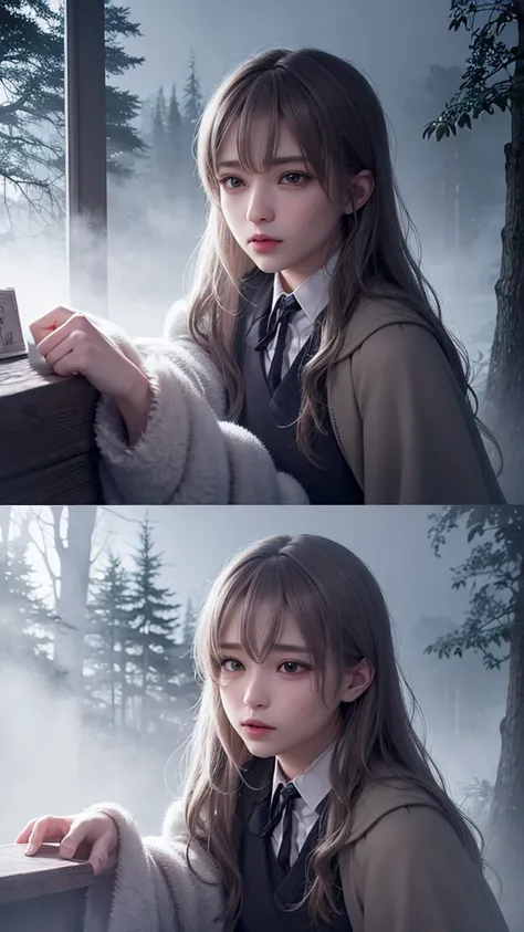 ヘドウィック,白い梟が飛んでいる, in the misty Hogwarts forest at night,Photorealistic, precise and high quality,Covered in white mist