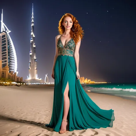 A New Zealand woman, Carina Longbottom, slender red-haired, 25 years old, long auburn curly hair, big boops, beautiful face, wearing an arab elegant dress with top and long skirt, standing on the night beach of Dubai