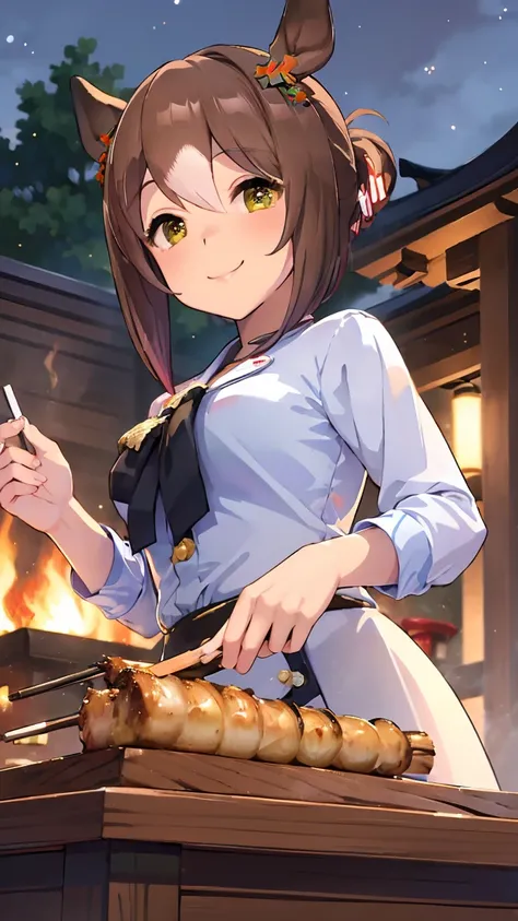 masterpiece, Highest quality, High resolution, Very detailed,(((Fine Motion))), (((Grilling yakitori。))), (((smile))), stall, cigarette, night