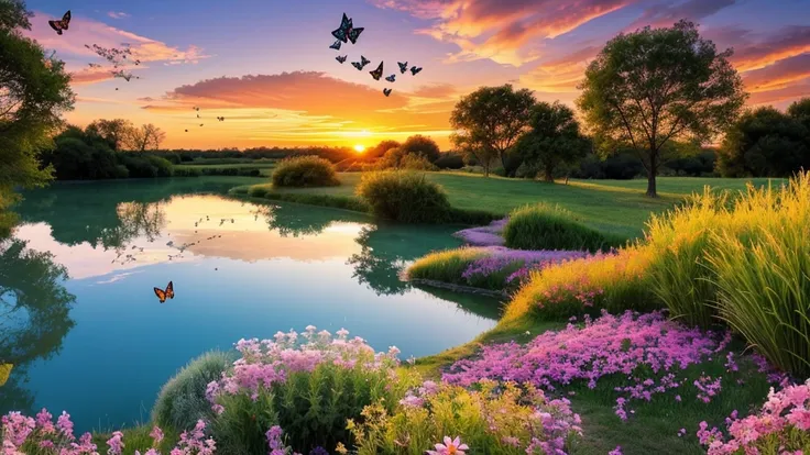 create a dream landscape, to relax, pace, with butterflies flying free, acqua, nature, relax, sunset, relaxing colors