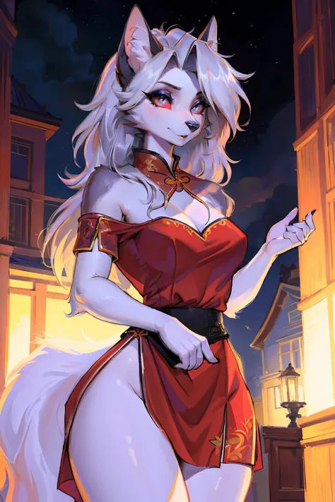 (best quality,4k,8k,highres,masterpiece:1.2),ultra-detailed,(realistic,photorealistic,photo-realistic:1.37),red eyes,furry,wolf girl,(beautiful/detailed eyes:1.1),feminine face,long lashes,(red clothing:1.1),(qipao,cheongsam:1.1),flowing chiffon,(jewelry/a...